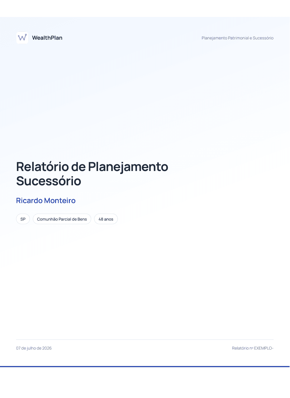 Capa do relatório, com o nome do cliente, o estado, o regime de bens e a idade